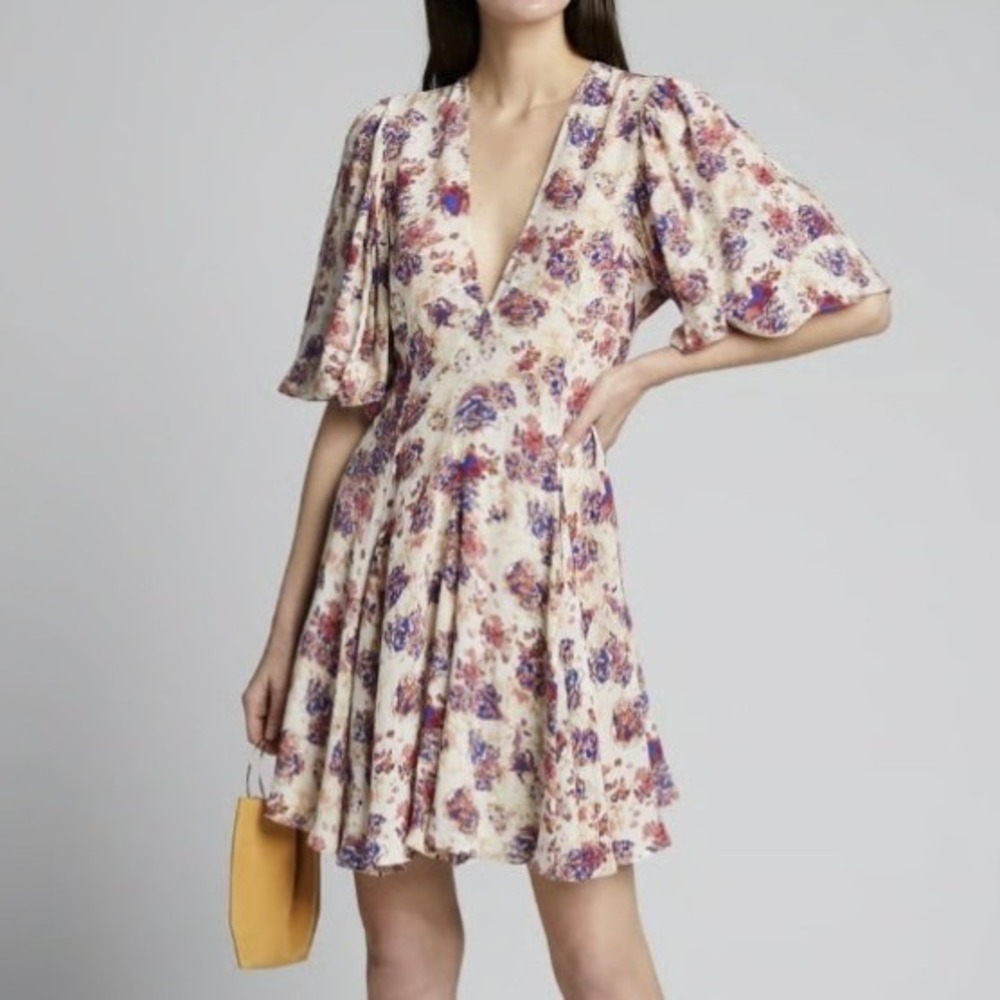 IRO Gallery Floral Silk Blend Mini Dress Womens Size 38 Medium Puff Sleeve
